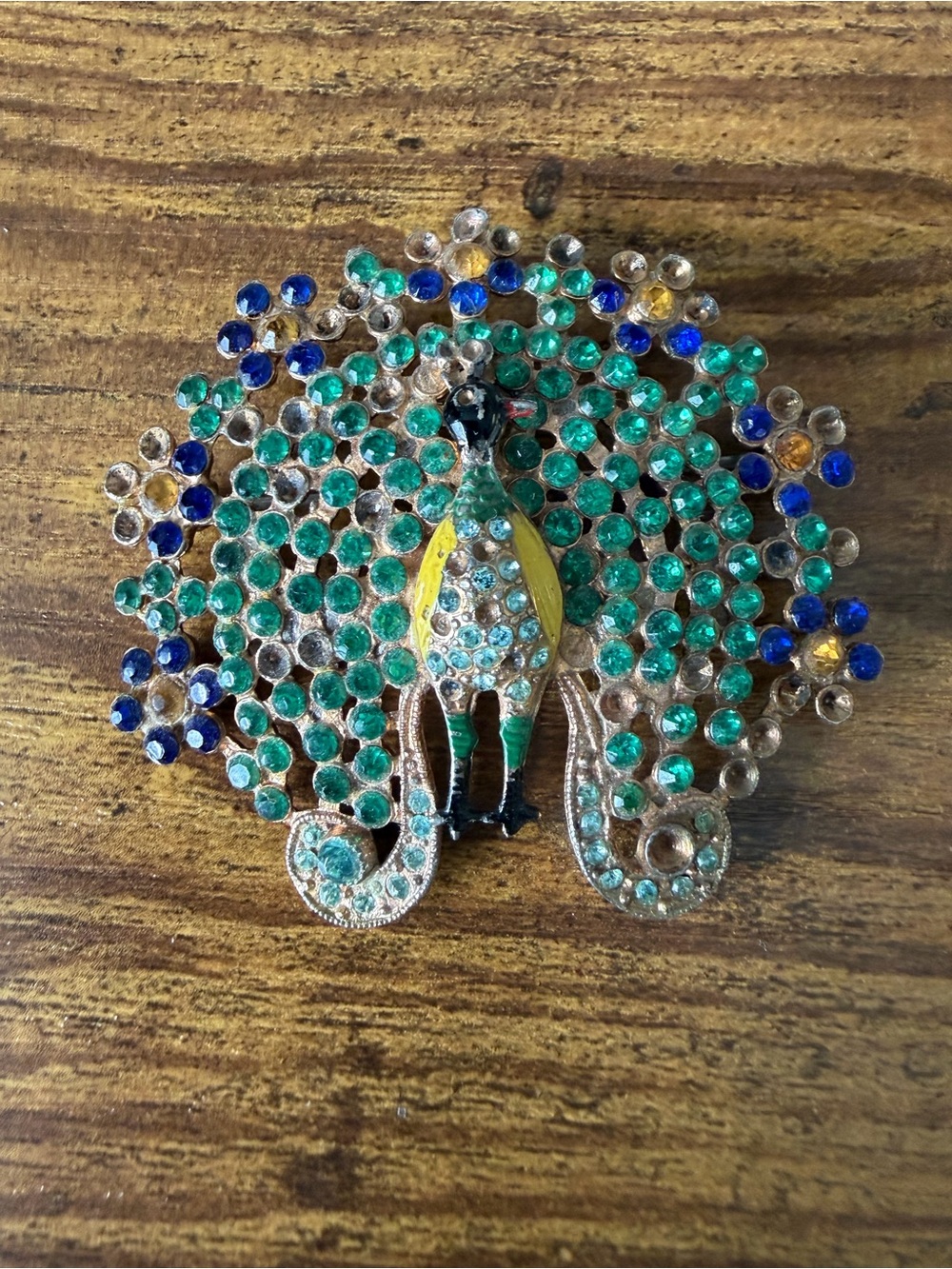 Peacock Brooch Vintage Rhinestone Green Blue Enamel Fan Tail Gold Tone Jeweled